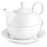 MALACASA, Serie Sweet.Time, Porzellan Teeservice Teeset 4 teilig Set Teekanne mit Tasse und Untersetzer Teekannen & Kaff
