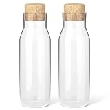 HEFTMAN 2er Set Glaskaraffe 1 Liter - Klarglasflasche für Heiße und Kalte Getränke, Wasser Karaffe Gläser mit Korkdeckel, Nachfüllbare Weichspülerdosen mit Stopfen - 2