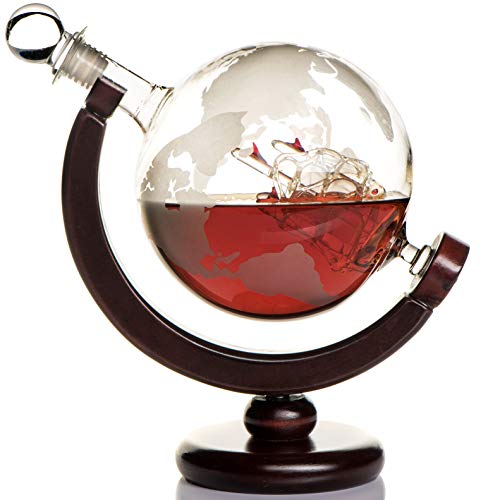 Whisky Karaffe Globus für Alkohol - Whiskey Decanter Bar Set mit Gläser Holzständer und Weltkarte - Geschenke für Männer und Frauen - Glas Flasche für Gin, Rum, Scotch, Likör, Bourbon, Wodka, Brandy