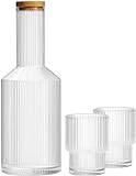 ALINK Glas-Nachttisch-Wasserkaraffe mit Deckel und Glaskaraffe Set, gerippte Karaffe Glaswaren Trinkgläser für Nachttisch, 765 ml, Vintage-Wasserkrug aus geriffeltem Glas –