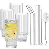 ALINK Cocktail Gläser 4er Set, Bier Glas, Can Longdrinkglas, Eiskaffee Gläser mit Strohhalm,2 Reinigungsbürsten, Trinkglas in Dosenform für Familie, Camping, Party, B