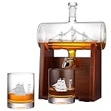 Whisky-Set mit 2 Whiskygläser 320ml, Segelschiff aus Glas, Whisky-Karaffe 1000ml Bleifreie Dekanter mit Holzständer und Edelstahlhahn, für Whisky Brandy Rum Scotch Cognac, Geschenkidee für Mä