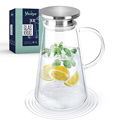 Glastal 1.8L Glaskaraffe Glaskrug aus Borosilikatglas Wasserkrug mit Edelstahl Deckel Karaffe Glaskanne
