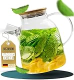 CLIDOR ® - Glaskaraffe - 1,6 Liter ( verstärkte Glasdicke ) Karaffe für Heiß- & Kaltgetränke - Tropffreier Ausguss - Wasserkaraffe - Teekanne Glas - robuste Glaskaraffe mit Deckel - 1,6L Wasserkru