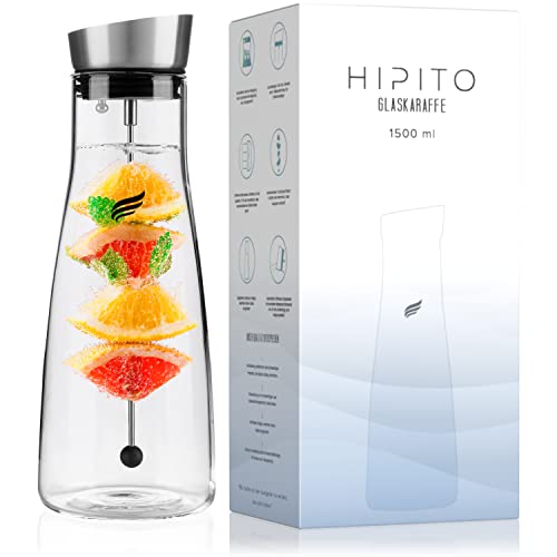 HIPITO Glaskaraffe [1,5 L] - Elegante Design Wasserkaraffe aus Borosilikatglas mit Fruchtspieß und mattem Edelstahldec