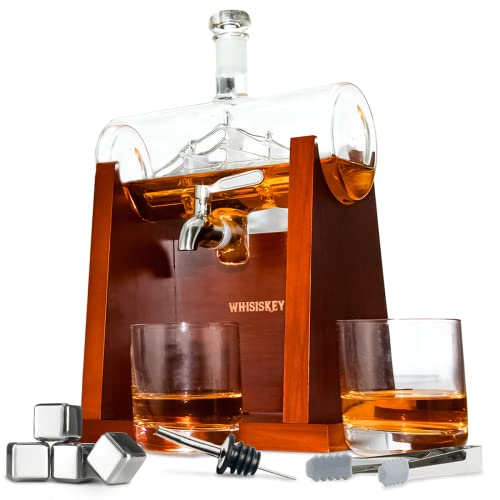 Whisiskey - Whisky Karaffe - Segelschiff - Dekanter - Whiskey Karaffe Set - 1L - Geschenke für Männer - Weihnachtsgeschenke - Inkl. 4 Whisky Steine, Ausgießer, Zapfhahn & 2 Whisky Glä