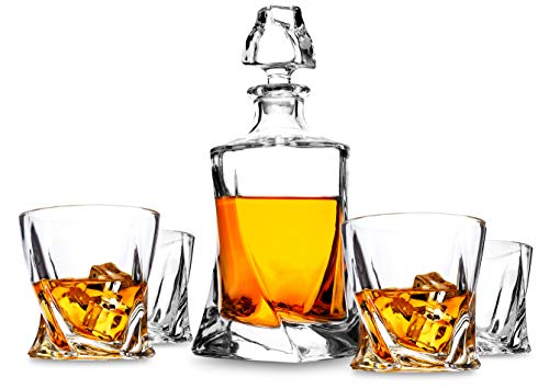 LANFULA Whisky Gläsern und Karaffe Set, 800 ml Dekanter mit 4 Bleifrei Kristall Gläser 300 ml, Geschenk für Weihnachten, 5-teiliges, Schöne Geschenkbox