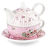MALACASA, Serie Sweet.Time, Porzellan Teeservice Teeset 4 teilig Set Teekanne mit Tasse und Untersetzer Blumen Motiv Teekannen & Kaff