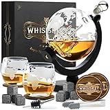 Whisiskey Whiskey Dekanter - Globus - 900ml - Whiskey Karaffe Set - Geschenke für Männer - inkl. 2 Whiskey Gläser - 8 Whiskey Steine - 2 Untersetzer - Glasstopfen und Z