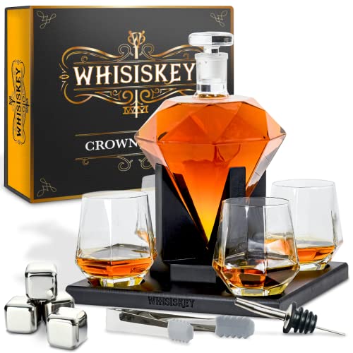 Whisiskey - Whisky Karaffe - Diamant - Dekanter - Whiskey Karaffe Set - 900ML - Geschenke für Männer - Inkl. 4 Whisky Steine, Ausgießer & 4 Whisky Glä