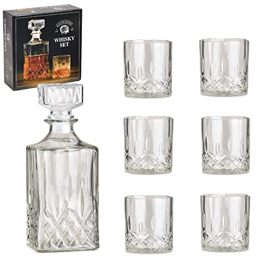 WOMA Whiskey Karaffe Set - 5er & 7er Set - Whisky Gläser + Kristall Karaffe für den vorzüglichen Genuss - 6 Scotch Whiskygläser [285 ml] + 1 Whisky Karaffe / Dekanter [900ml] aus Glas mit Dec