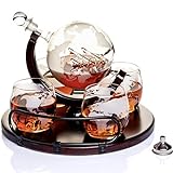 Whisky Karaffe Globus für Alkohol - Whiskey Decanter Bar Set mit Gläser Holzständer und Weltkarte - Geschenke für Männer und Frauen - Glas Flasche Zubehör für Gin, Rum, Scotch, Likör, Bourbon, W