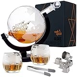 Oak & Steel - XL Premium Globus Whisky Dekanter Set mit Weltkarte, 1500ml - Karaffe mit 2 Gläser, 4 Whiskey Steine & Mehr - Geschenkset für Weihnach