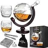 MikaMax - Globus Dekanter Set - Whisky Karaffe - mit zwei Gläser - Whiskysteine - Zange - Trichter inklusive - Handgefertigt - Transparent - 850 ML