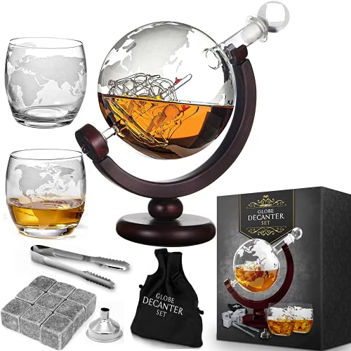 mikamax - Globe Dekanter Set - Whiskeykaraffe - mit Zwei Gläsern - Handgefertigt - Transparent - 850 ML - Karaffe mit luftdichtem Verschlu