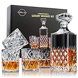 Lighten Life Whisky Karaffe und Gläser Set,Bleifrei Whiskey Karaffe Set,849 ml Kristall-Whisky-Dekanter mit 4 Gläsern 280 ml in Geschenkbox (5 Stück),Whisky-Dekanter-Set für Spiritu