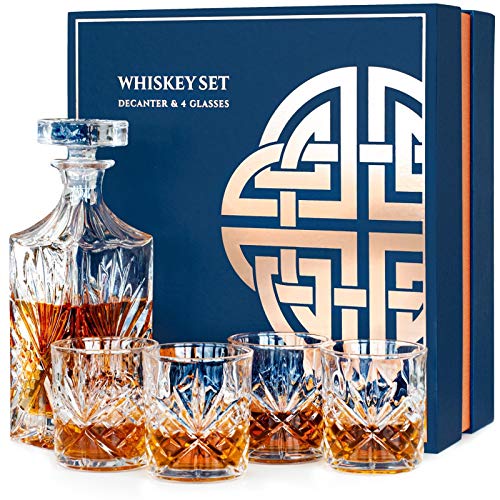 Whisky Karaffe Whiskey Gläser Set, Geschenke für Männer Mann Papa, 4 Whiskygläser Dekanter Geschenkset, Whisky Bleifrei Glas Geschenk, Whiskey Whiskyglas Geschenkbox