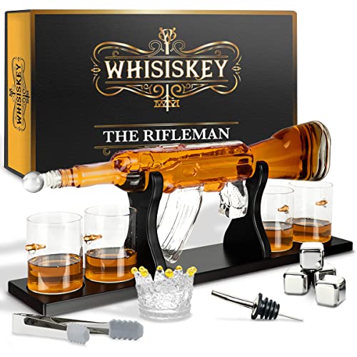 Whisiskey - Whisky Karaffe - Gewehr - Dekanter - Whiskey Karaffe Set - 1000 ML - Geschenke für Männer - Inkl. 4 Whisky Steine, Ausgießer & 4 Whisky Glä
