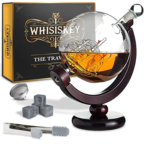 Whisiskey - Whisky Karaffe - Globus - Dekanter - Whiskey Karaffe Set - 900 ml - Geschenke für Männer - Weihnachtsgeschenke - Inkl. 4 Whisky Steine & Ausgieß