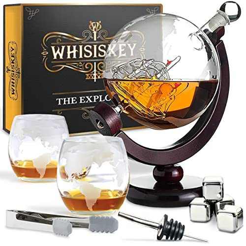 Whisiskey - Whisky Karaffe - Globus - Dekanter - Whiskey Karaffe Set - 900 ml - Geschenke für Männer - Weihnachtsgeschenke - Inkl. 4 Whisky Steine, 2 Whisky Gläser & Ausgieß