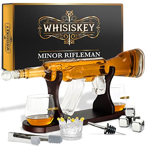 Whisiskey - Whisky Karaffe - Gewehr - Dekanter - Whiskey Karaffe Set - 1000 ml - Geschenke für Männer - Inkl. 2 Whisky Gläser, 4 Whisky Steine und Ausgieß