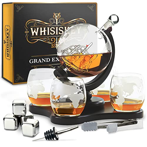 Whisiskey - Whiskey Karaffe - Globus - Dekanter - Whisky Karaffe Set - 900ML - Geschenke für Männer - Weihnachtsgeschenke - Inkl. 4 Whisky Steine, Ausgießer & 4 Whisky Glä